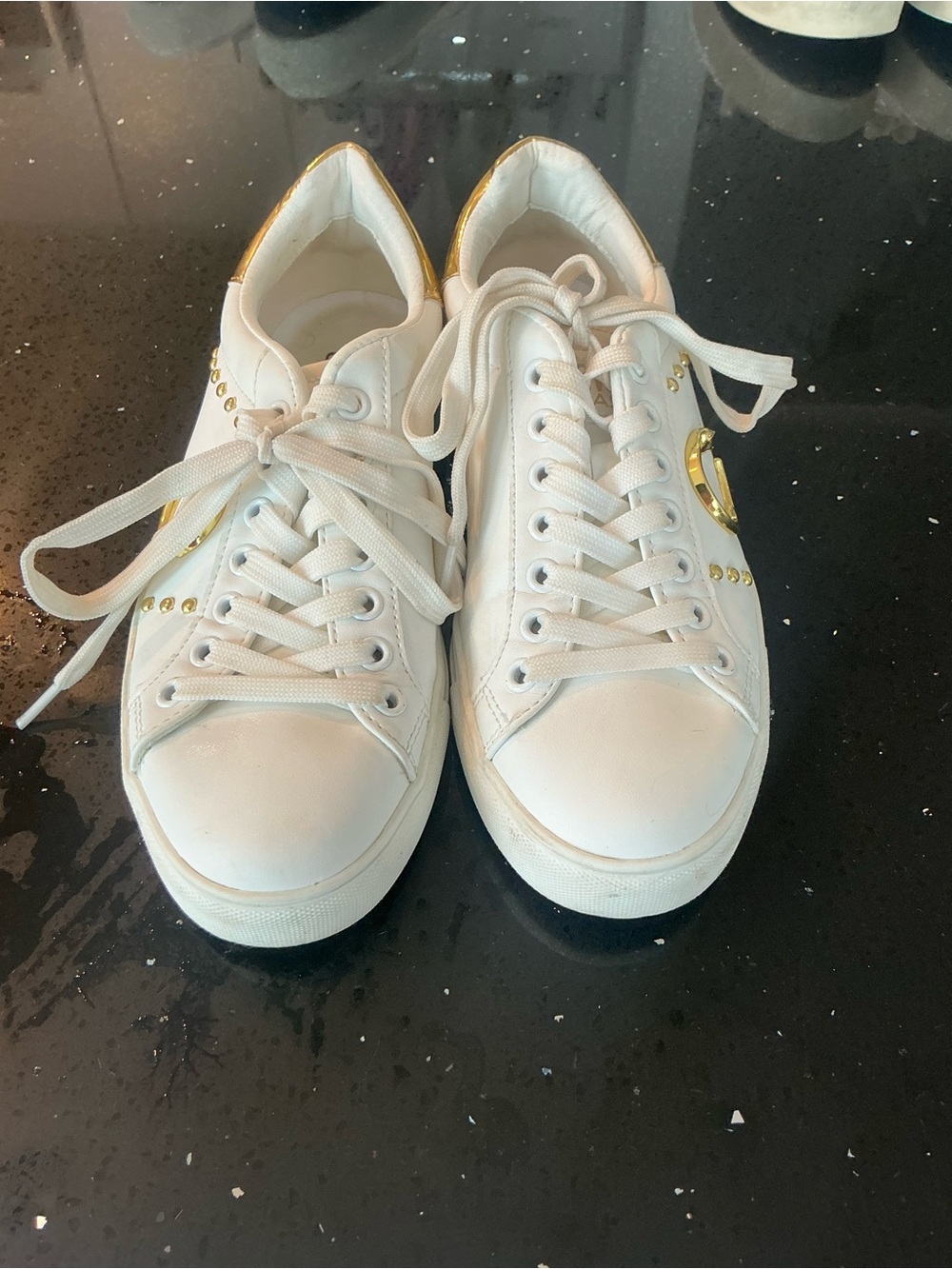 Cavalli Class White Low-Top Sneakers with Gold Accents